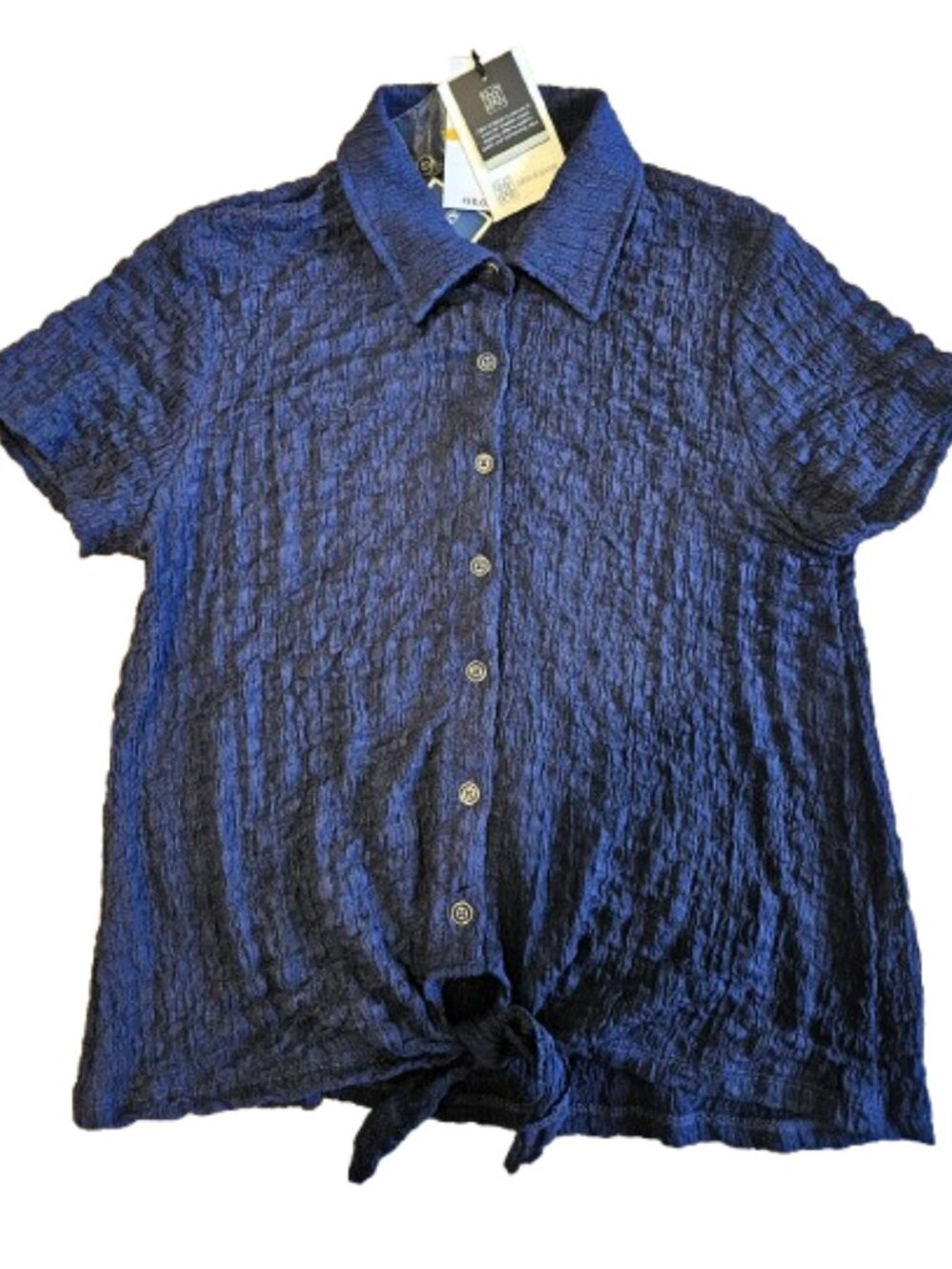 Cable & Gauge Navy Blue Textured Tie-Front Button-Down Blouse - SMALL